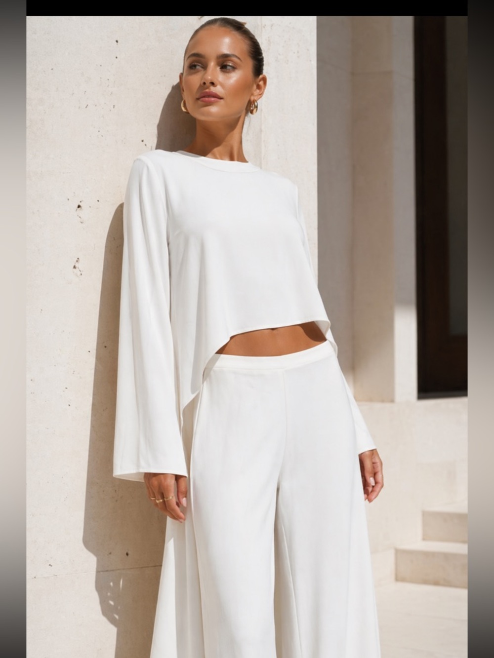 Zara White Asymmetrical Crop Top Long Sleeve Minimal Chic Medium NWT - Picture 2 of 8